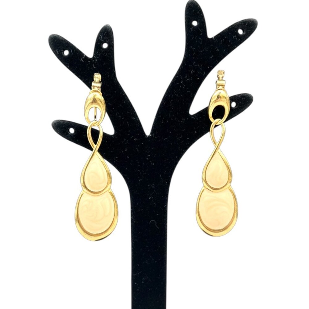Napier Gold Tone Pink Swirl Enamel Teardrop Clip-On Earrings Vintage 1970s-80s - Picture 2 of 10